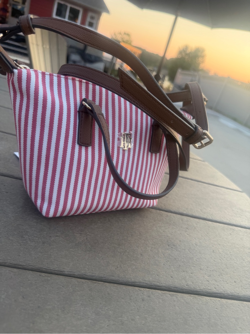 Tommy Hilfiger Pink White Striped Tote Crossbody Bag NWT $98